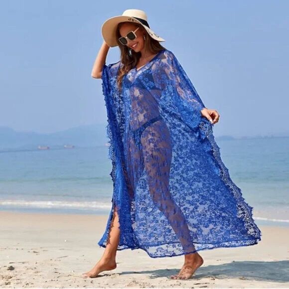 New Cover up Robe Women Boho Beach Eyelash Lace Soft Thin Oversized Royal Blue - Picture 3 of 6